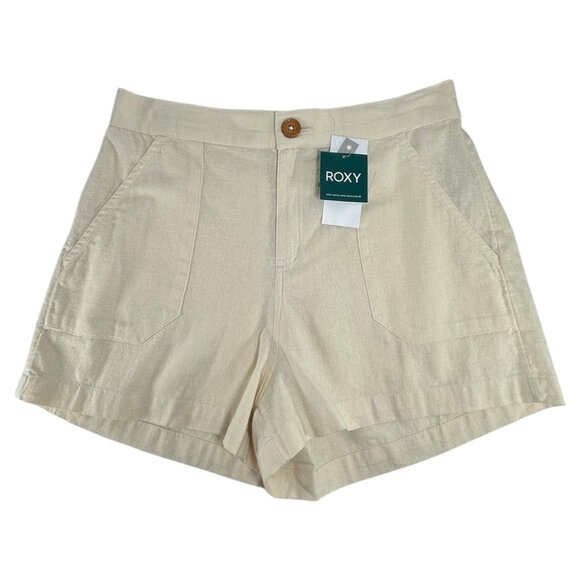 ROXY Oceanside High Rise Shorts Sz M Ivory White Structured Cotton Linen Woven - Picture 2 of 10